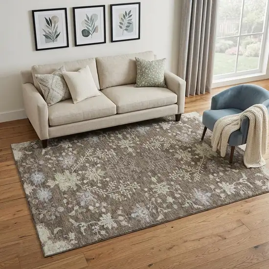 Brown Beige And Blue Floral Washable Area Rug With UV Protection Photo 1