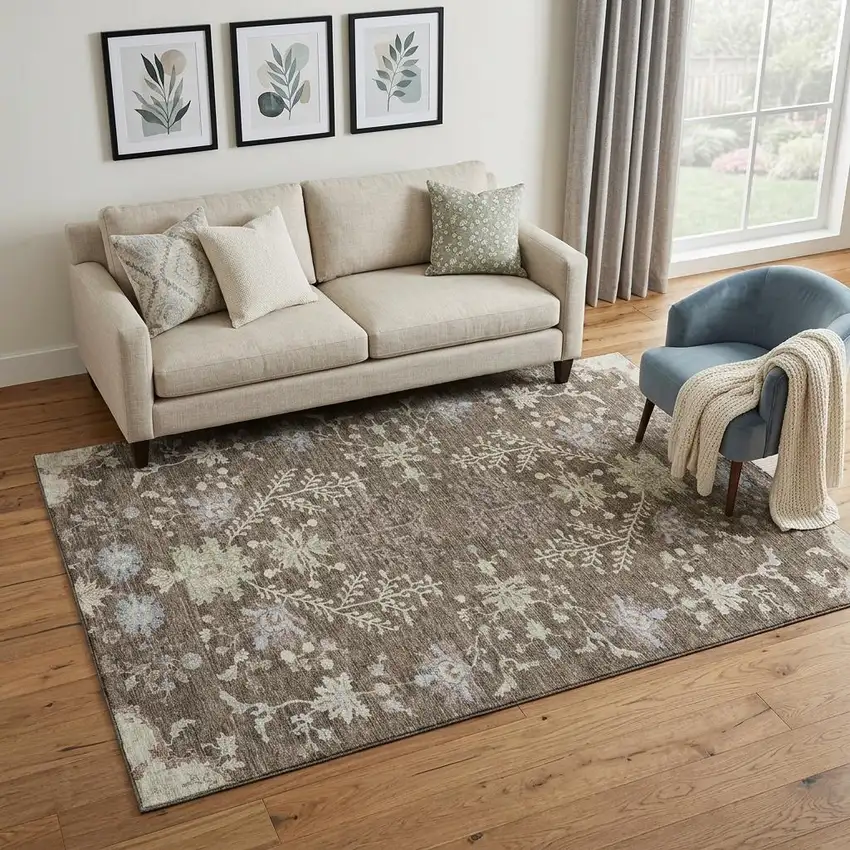 Brown Beige And Blue Floral Washable Area Rug With UV Protection Photo 1