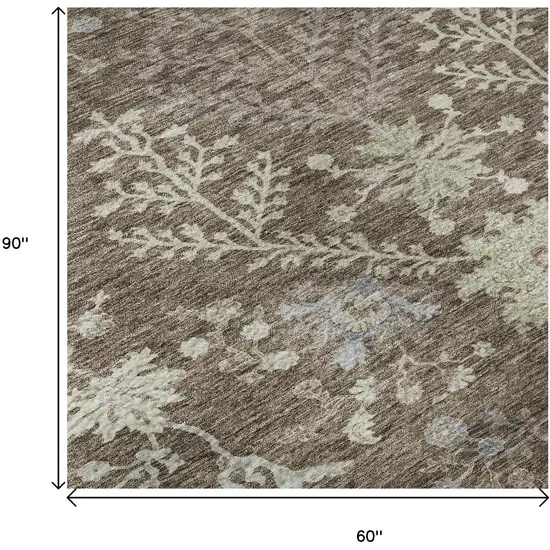 Brown Beige And Blue Floral Washable Area Rug With UV Protection Photo 9
