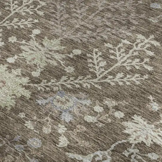 Brown Beige And Blue Floral Washable Area Rug With UV Protection Photo 2