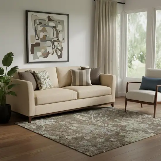 Brown Beige And Blue Floral Washable Area Rug With UV Protection Photo 2