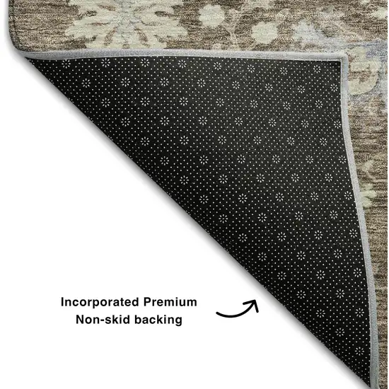Brown Beige And Blue Floral Washable Area Rug With UV Protection Photo 6