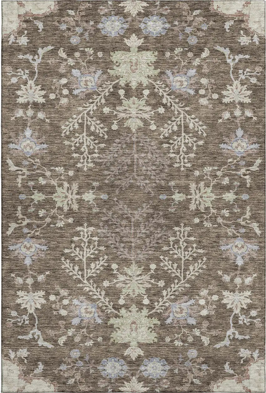 Brown Beige And Blue Floral Washable Area Rug With UV Protection Photo 5