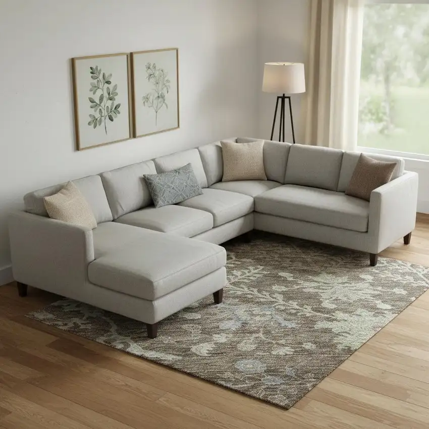 Brown Beige And Blue Floral Washable Area Rug With UV Protection Photo 2