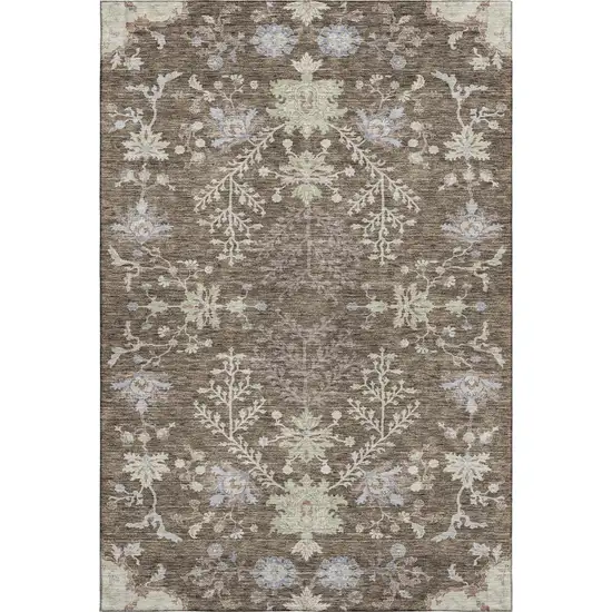 Brown Beige And Blue Floral Washable Area Rug With UV Protection Photo 6