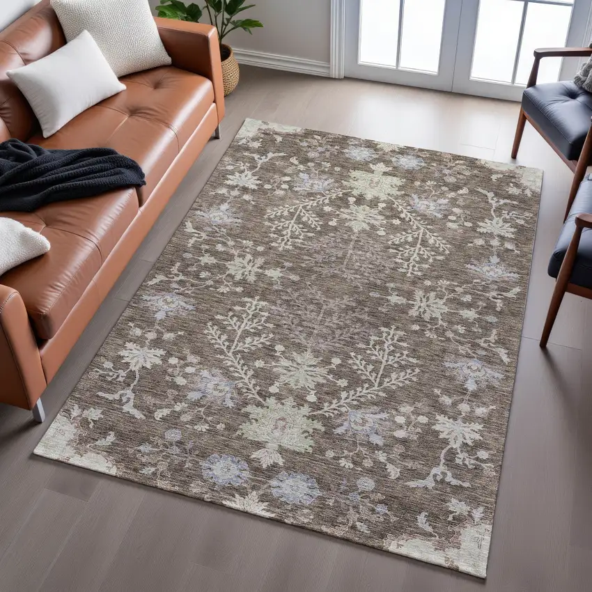 Brown Beige And Blue Floral Washable Area Rug With UV Protection Photo 5