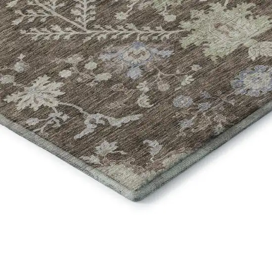 Brown Beige And Blue Floral Washable Area Rug With UV Protection Photo 8