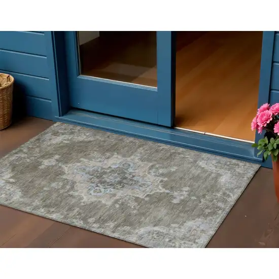 Brown Beige And Blue Medallion Washable Indoor Outdoor Area Rug Photo 1