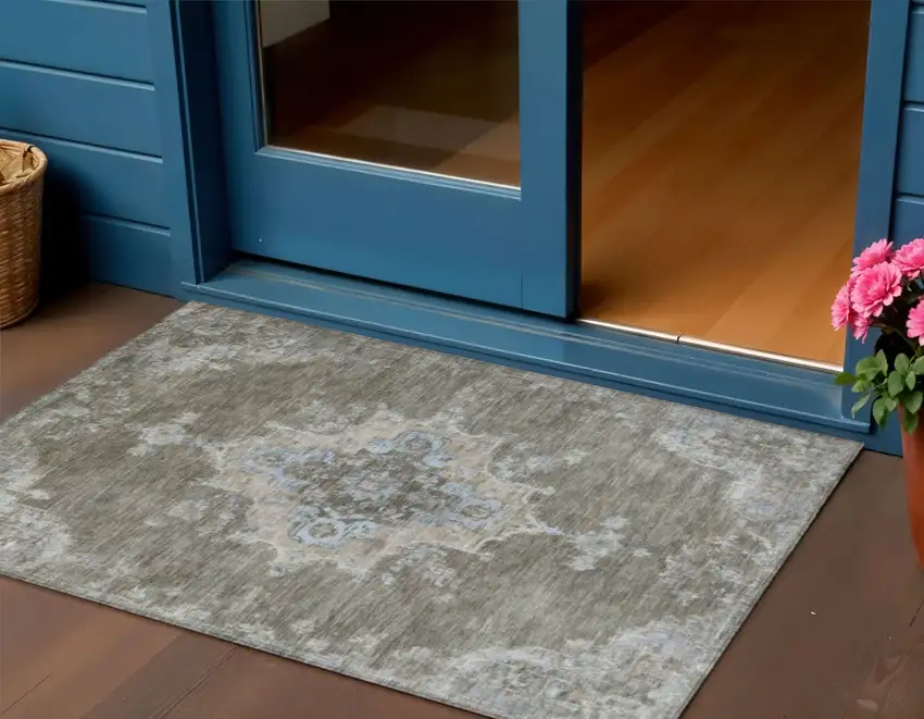 Brown Beige And Blue Medallion Washable Indoor Outdoor Area Rug Photo 1