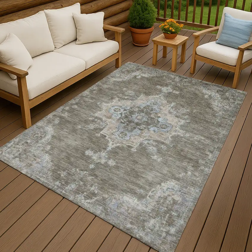 Brown Beige And Blue Medallion Washable Indoor Outdoor Area Rug Photo 9