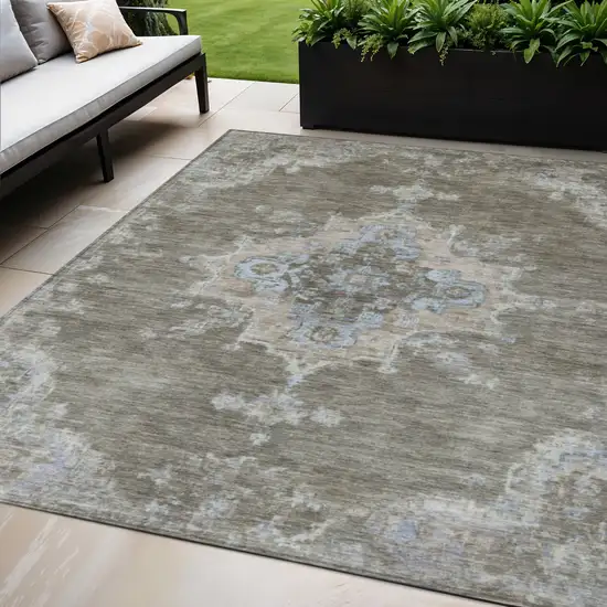 Brown Beige And Blue Medallion Washable Indoor Outdoor Area Rug Photo 1