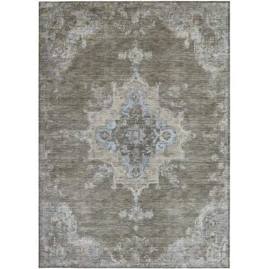 Brown Beige And Blue Medallion Washable Indoor Outdoor Area Rug Photo 5