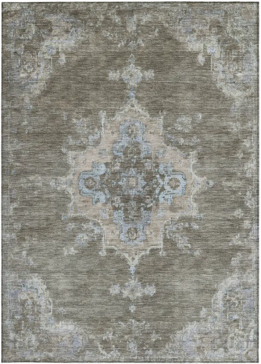 Brown Beige And Blue Medallion Washable Indoor Outdoor Area Rug Photo 5