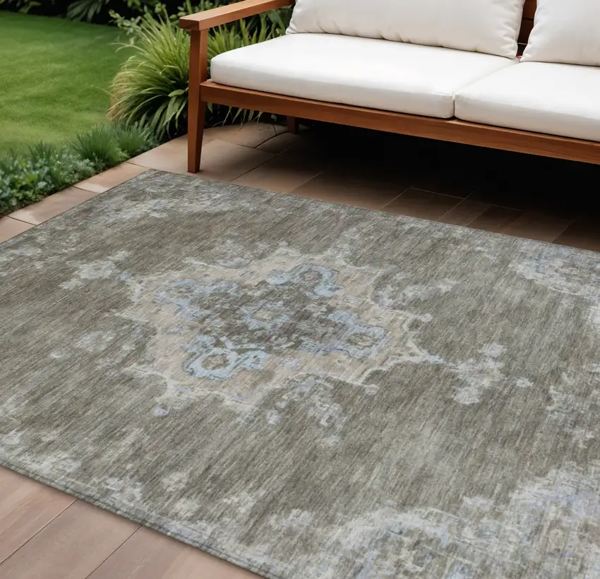 Brown Beige And Blue Medallion Washable Indoor Outdoor Area Rug Photo 1