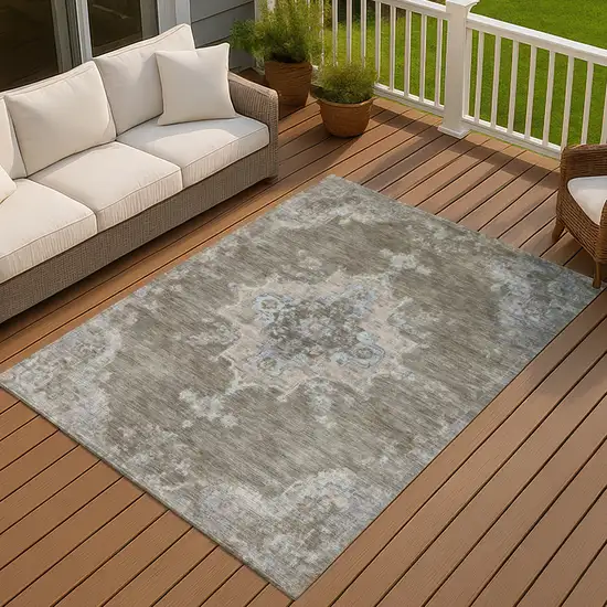 Brown Beige And Blue Medallion Washable Indoor Outdoor Area Rug Photo 7