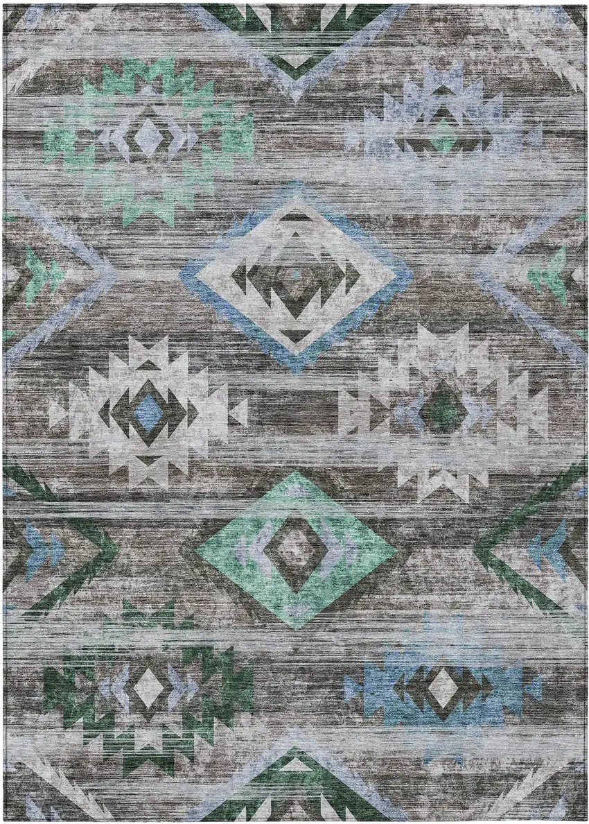 Brown Beige And Blue Southwestern Washable Indoor Outdoor Area Rug Photo 2