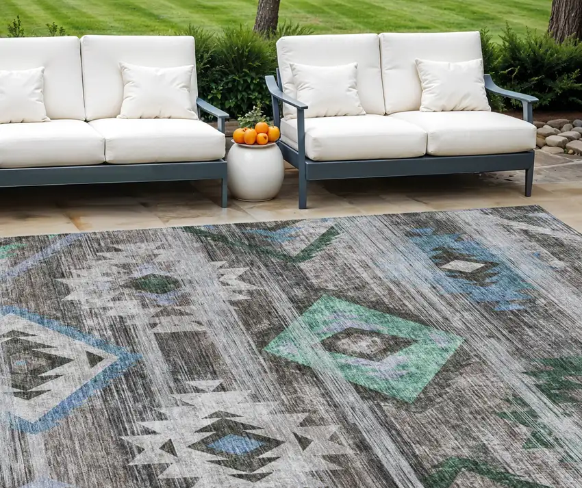 Brown Beige And Blue Southwestern Washable Indoor Outdoor Area Rug Photo 1