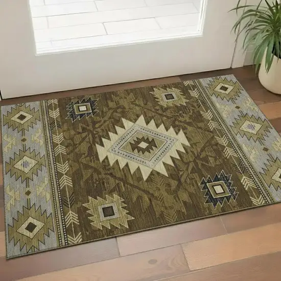 Brown Beige And Charcoal Geometric Washable Area Rug With UV Protection Photo 2