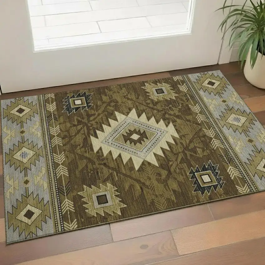 Brown Beige And Charcoal Geometric Washable Area Rug With UV Protection Photo 2