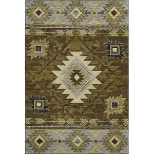 Photo of Brown Beige And Charcoal Geometric Washable Area Rug With UV Protection