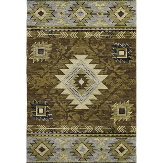 Brown Beige And Charcoal Geometric Washable Area Rug With UV Protection Photo 1