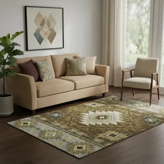 Brown Beige And Charcoal Geometric Washable Area Rug With UV Protection Photo 2