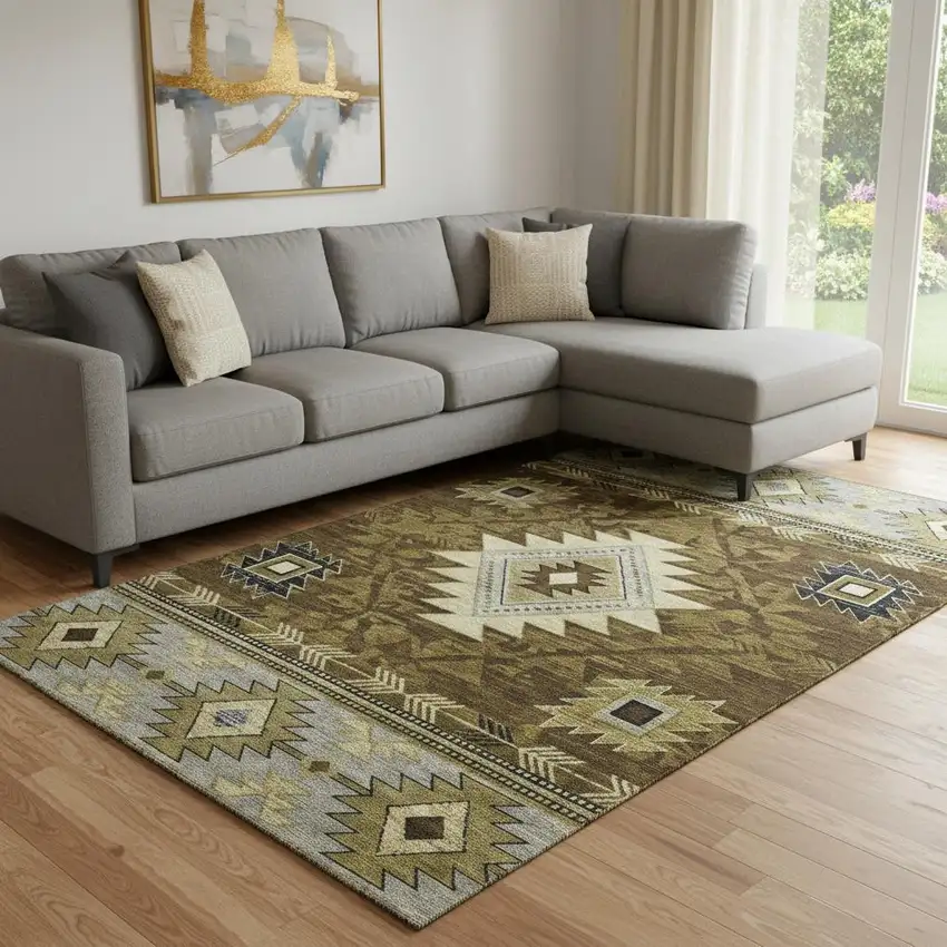 Brown Beige And Charcoal Geometric Washable Area Rug With UV Protection Photo 2