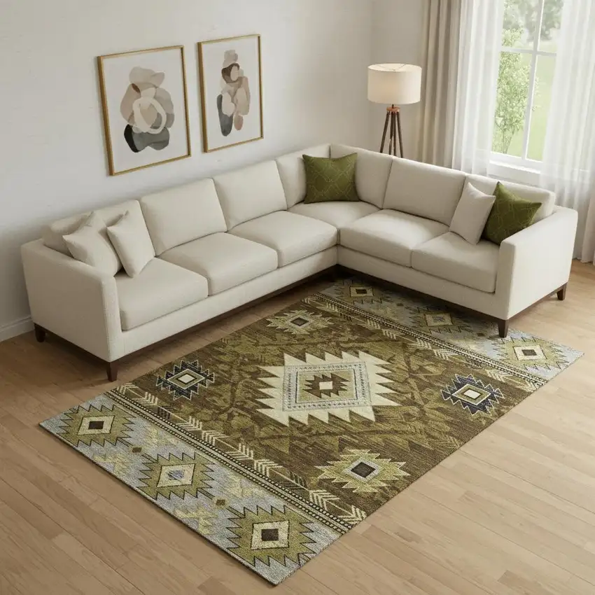 Brown Beige And Charcoal Geometric Washable Area Rug With UV Protection Photo 2