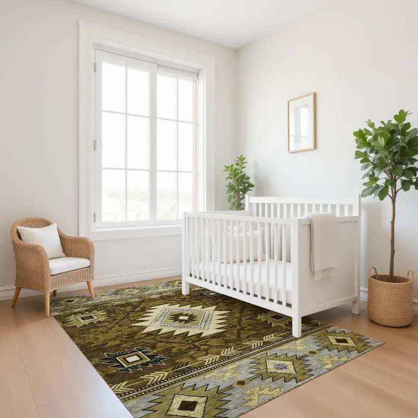 Brown Beige And Charcoal Geometric Washable Area Rug With UV Protection Photo 5