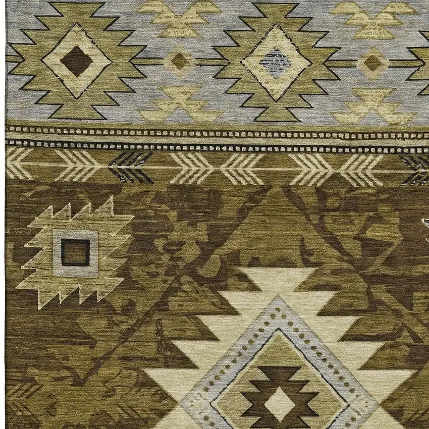 Brown Beige And Charcoal Geometric Washable Area Rug With UV Protection Photo 2