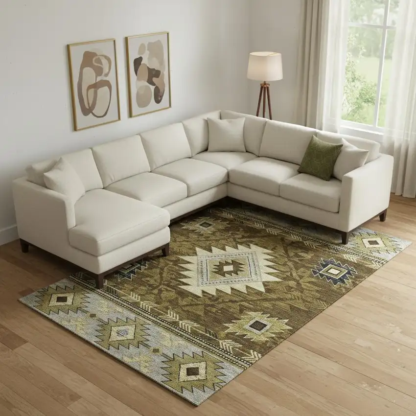 Brown Beige And Charcoal Geometric Washable Area Rug With UV Protection Photo 2