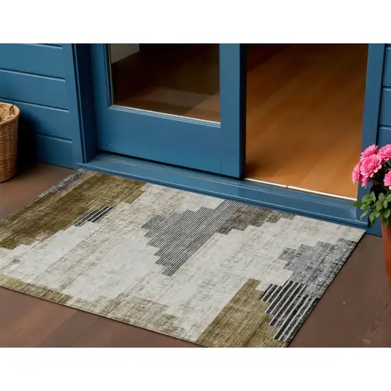 Brown Beige And Charcoal Geometric Washable Indoor Outdoor Area Rug Photo 2