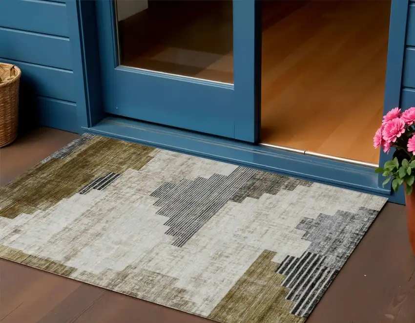 Brown Beige And Charcoal Geometric Washable Indoor Outdoor Area Rug Photo 2
