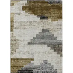 Photo of Brown Beige And Charcoal Geometric Washable Indoor Outdoor Area Rug