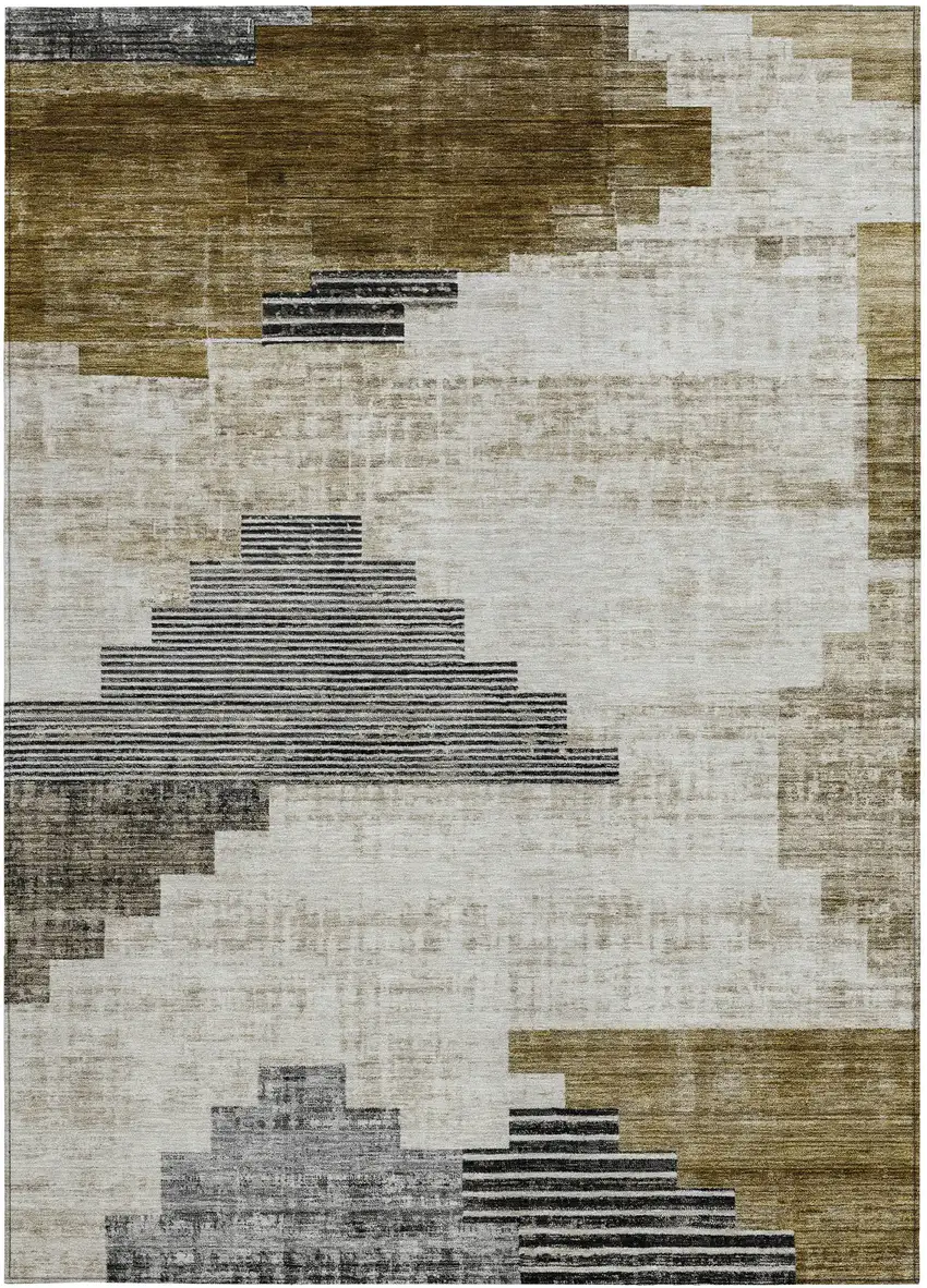 Brown Beige And Charcoal Geometric Washable Indoor Outdoor Area Rug Photo 4