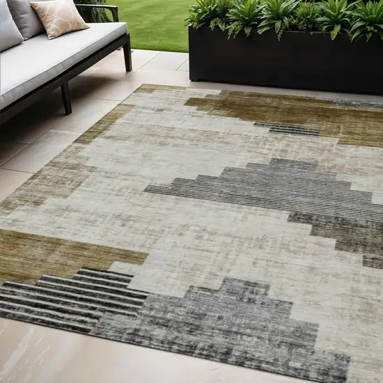 Brown Beige And Charcoal Geometric Washable Indoor Outdoor Area Rug Photo 2