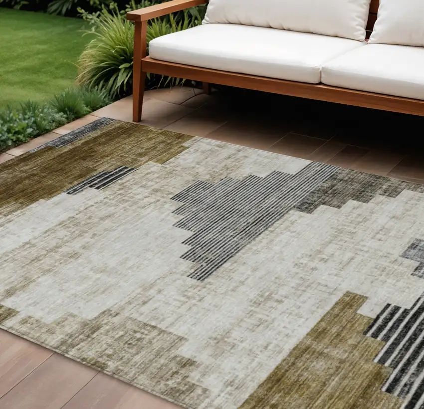 Brown Beige And Charcoal Geometric Washable Indoor Outdoor Area Rug Photo 2