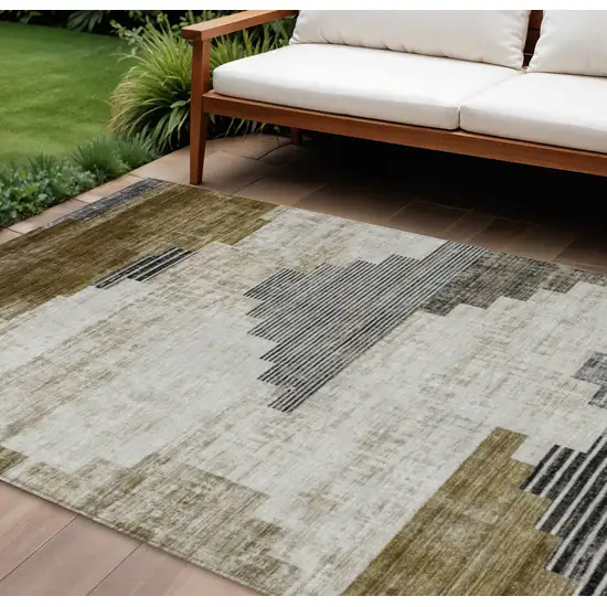 Brown Beige And Charcoal Geometric Washable Indoor Outdoor Area Rug Photo 2