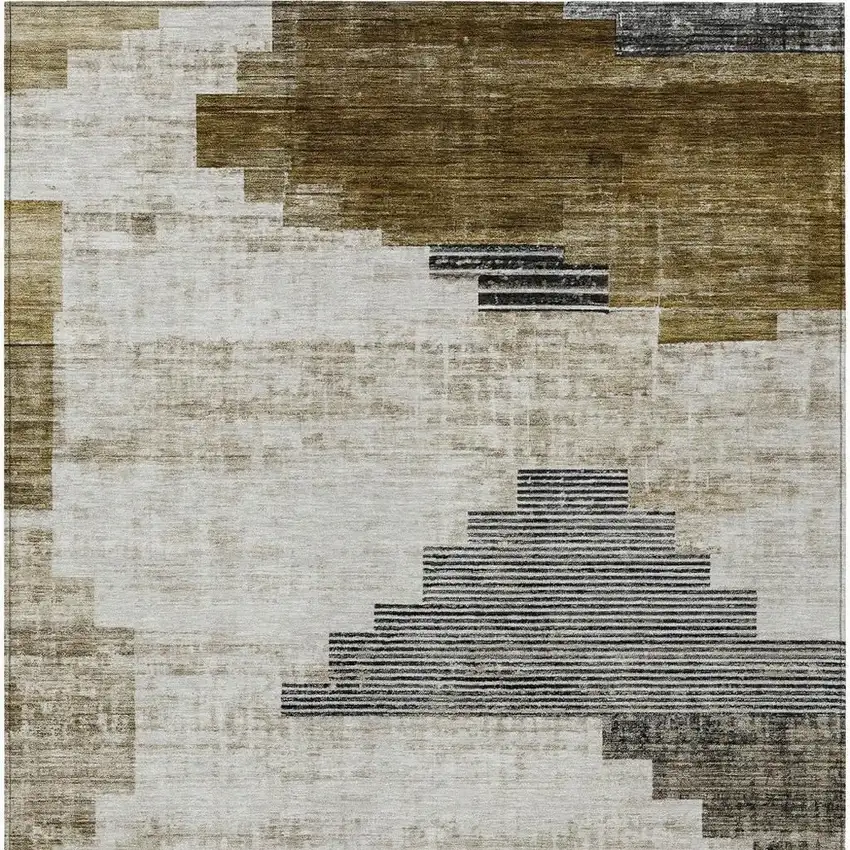 Brown Beige And Charcoal Geometric Washable Indoor Outdoor Area Rug Photo 4
