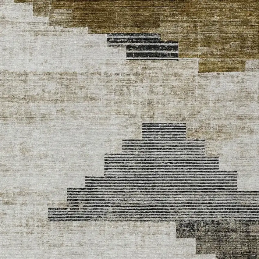 Brown Beige And Charcoal Geometric Washable Indoor Outdoor Area Rug Photo 3
