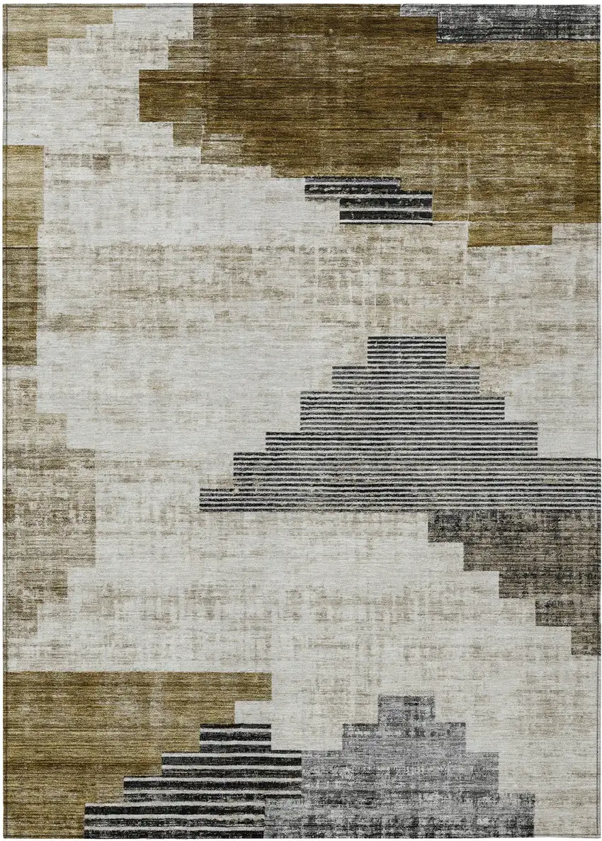 Brown Beige And Charcoal Geometric Washable Indoor Outdoor Area Rug Photo 1