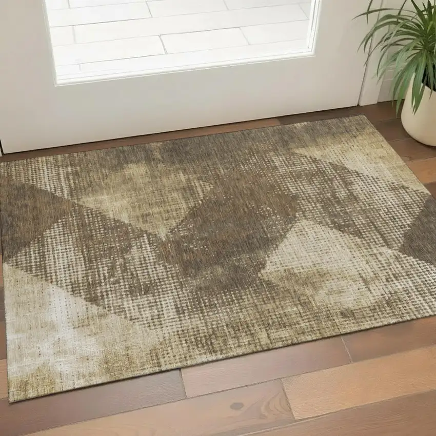 Brown Beige And Chocolate Diamond Washable Area Rug With UV Protection Photo 1