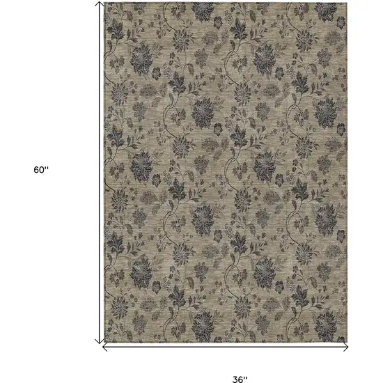 Brown Beige And Chocolate Floral Washable Indoor Outdoor Area Rug Photo 3