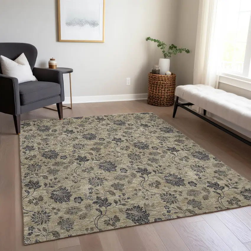 Brown Beige And Chocolate Floral Washable Indoor Outdoor Area Rug Photo 9