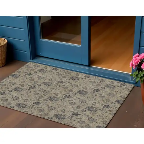 Brown Beige And Chocolate Floral Washable Indoor Outdoor Area Rug Photo 1
