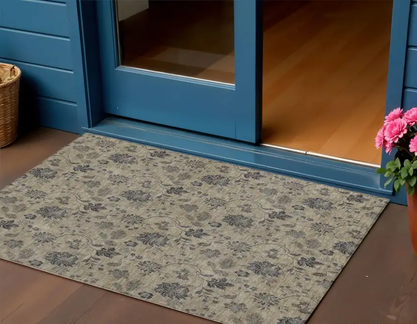 Brown Beige And Chocolate Floral Washable Indoor Outdoor Area Rug Photo 1