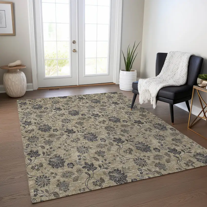 Brown Beige And Chocolate Floral Washable Indoor Outdoor Area Rug Photo 9