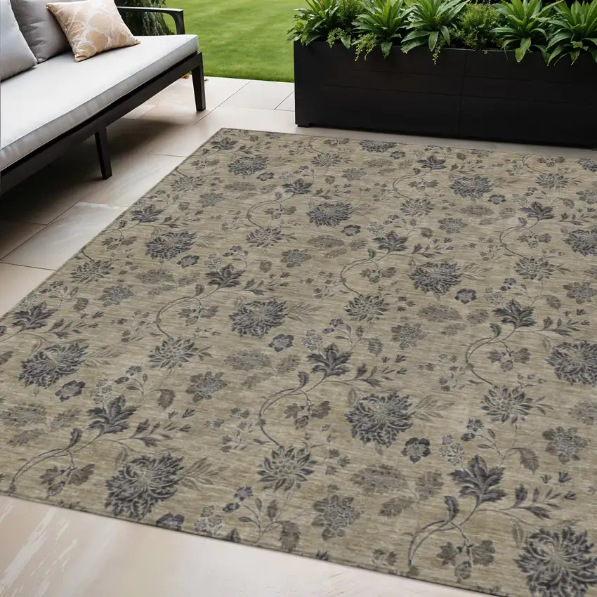 Brown Beige And Chocolate Floral Washable Indoor Outdoor Area Rug Photo 1