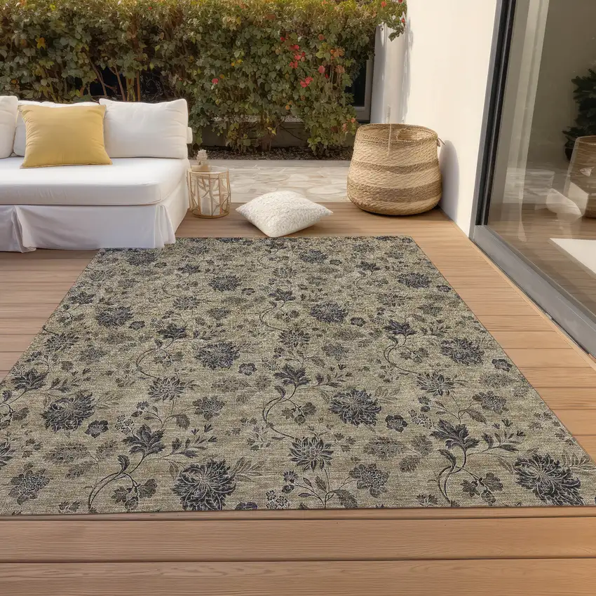 Brown Beige And Chocolate Floral Washable Indoor Outdoor Area Rug Photo 8