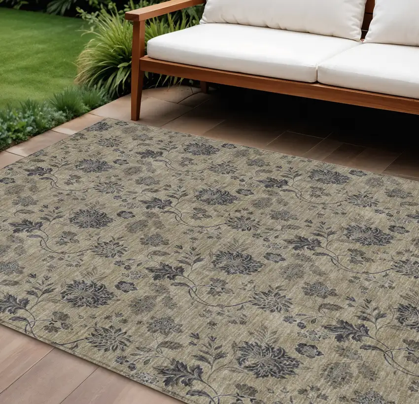 Brown Beige And Chocolate Floral Washable Indoor Outdoor Area Rug Photo 1